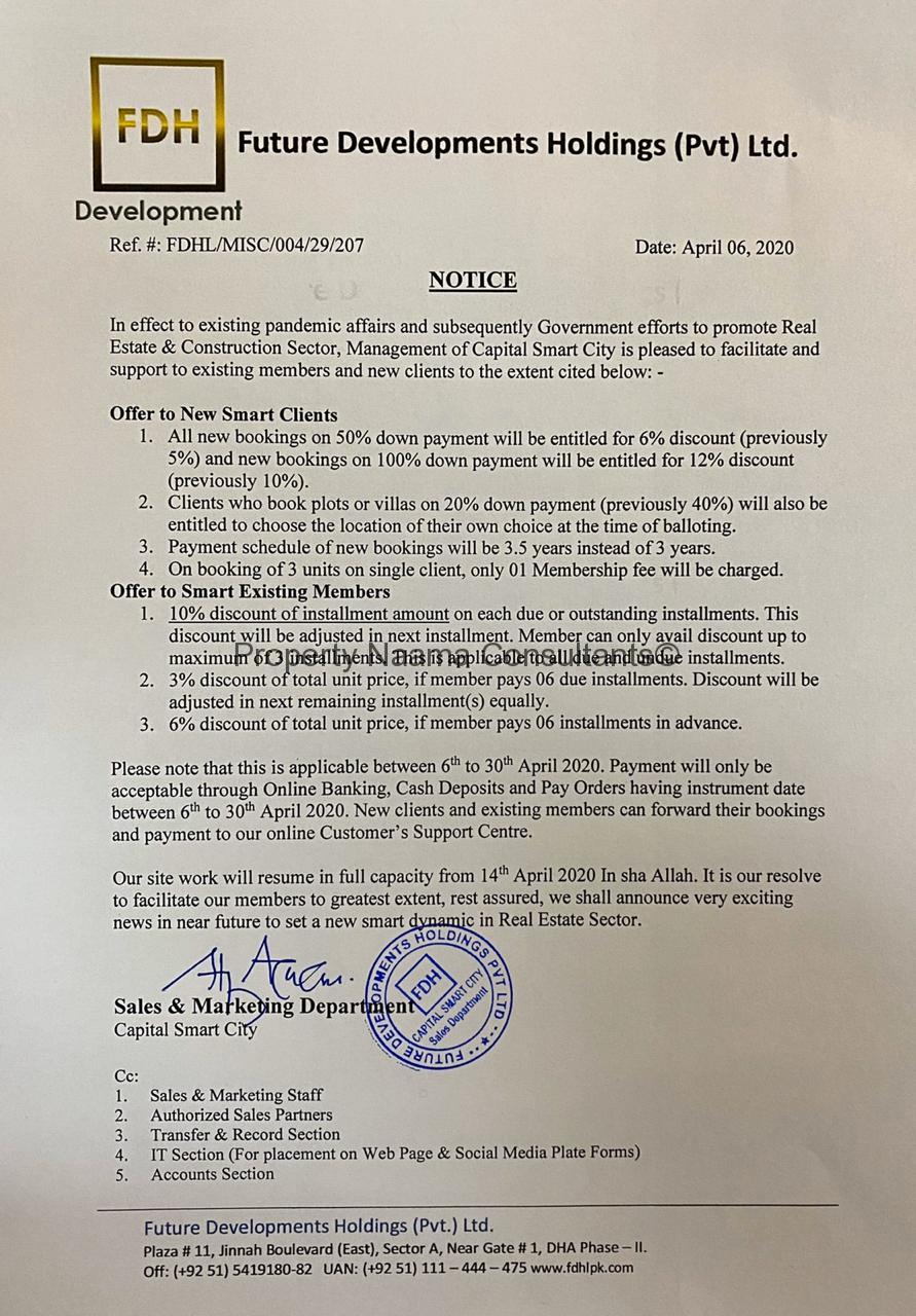 Capital smart city offered Big Discounts to all Clients | April 2020