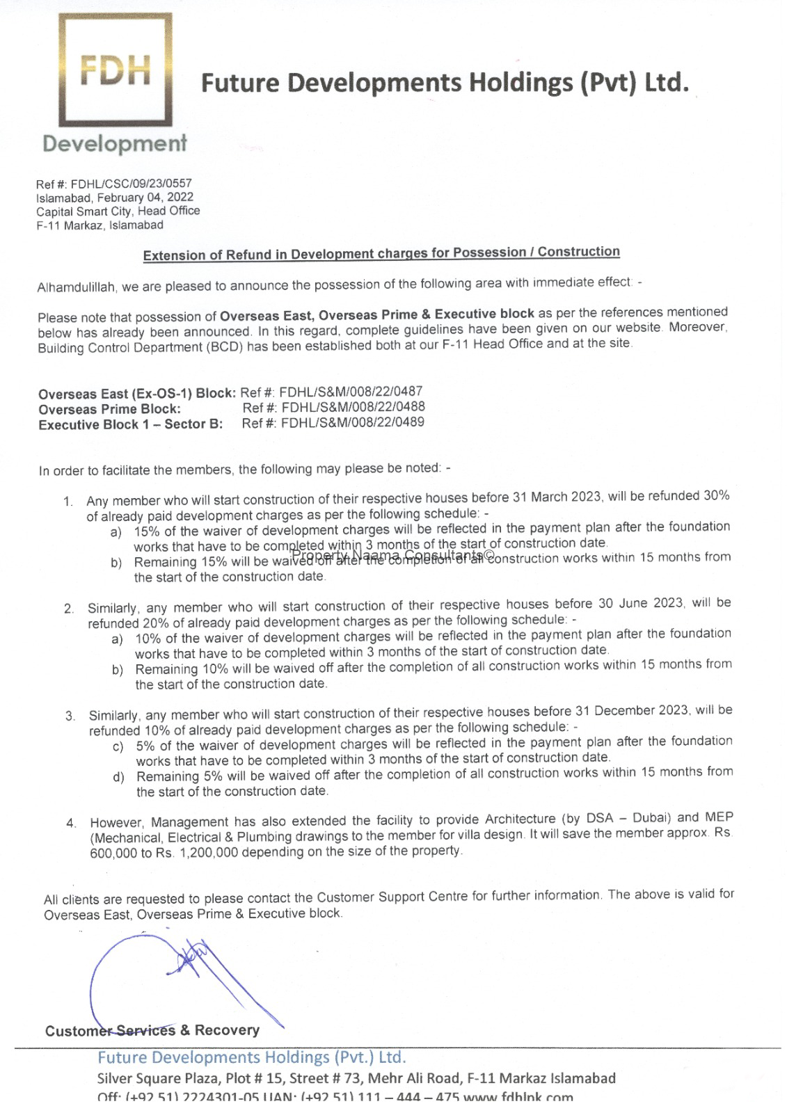 Capital Smart City Announces Extension of Refund in Development charges of possessions